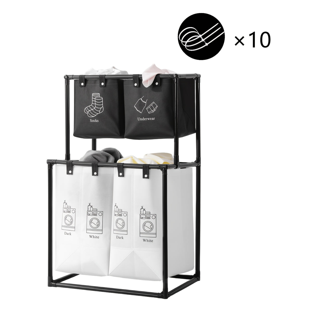 2 Compartment Laundry Hamper (No Wheels) - 2 Tier Laundry Sorter With Handles - Sturdy Metal Frame & Breathable Mesh Bags - Space Saving Clothes Organizer For Home, Apartment, Add 10 Cable Ties For Securing, Dirty Laundry Basket, Laundry Baskets