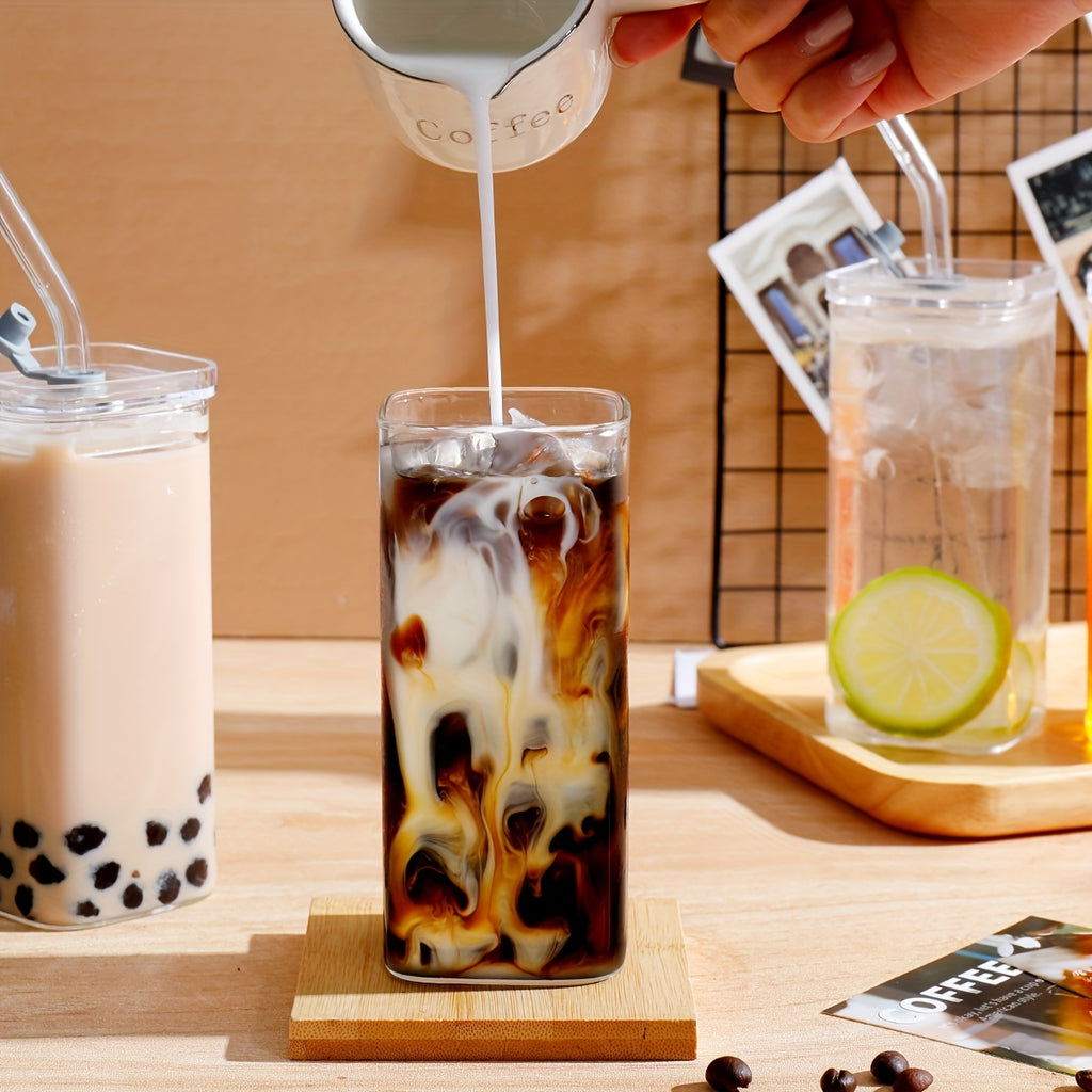 4/6/8pcs Square Glass Cups with Lids, 13oz, Perfect Coffee Cups, Include Straws, Gift for Cup Collectors, Great for Office, Home, School, And Outdoor Use, Weddings, BPA-Free, Comes with Cleaning Brush Tool