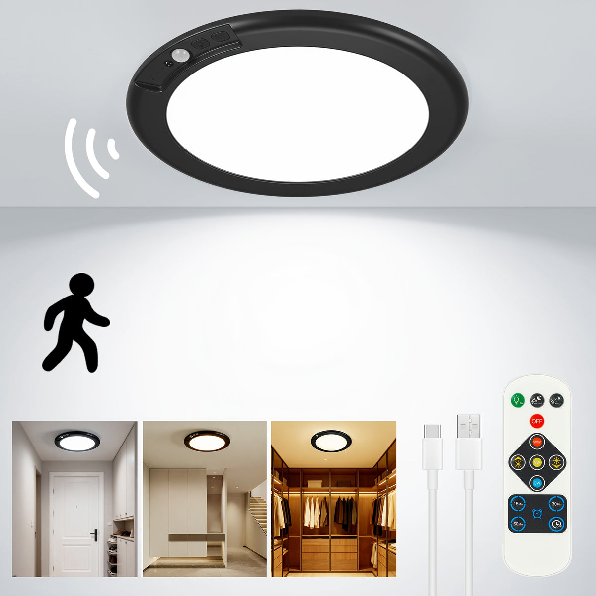 8/6/4/2/1Pack Rechargeable LED Ceiling Light with Motion Sensor, 3 Lighting Options, 10 Brightness Levels Battery Operated Closet Lights, Remote Control Dimmable Timing Motion Shower Lights for Living Bathroom Pantry Hallway Porch(3000K/4500K/6500K)