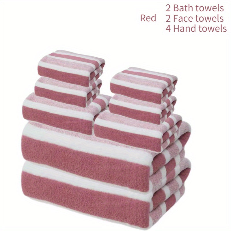 8pcs Lint-Free Super Absorbent Soft Five-Star Hotel Standard Two-Color Striped Spaced Bath Towel Set, Including 2 Large Bath Towels, 2 Medium Bath Towels And 4 Small Bath Towels, Wash Cloths