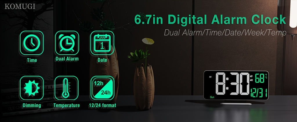 1pc Alarm Clock For Bedroom, 6. 7" Desk Digital Clock, Led Clock, Mirror Clock, Dual Alarm Clock For Living Room With Seconds, Date, Week, 12/24h, Dimming