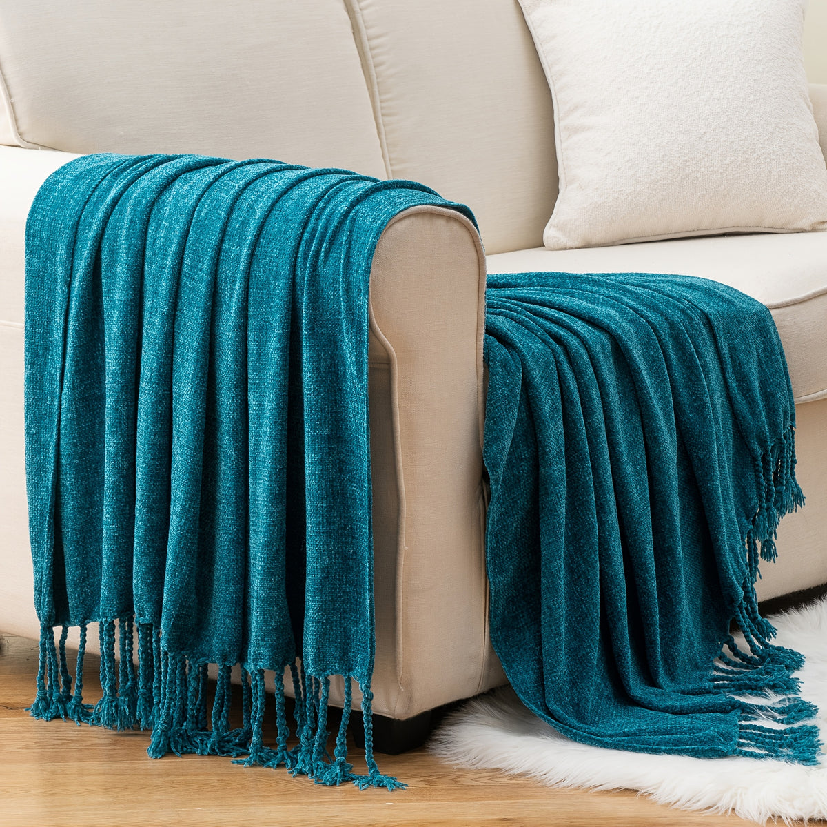 Decorative Fringe Velvety Throw Blanket for Sofa Home Decor, Chenille Throw Blanket for Couch, 50"x60"