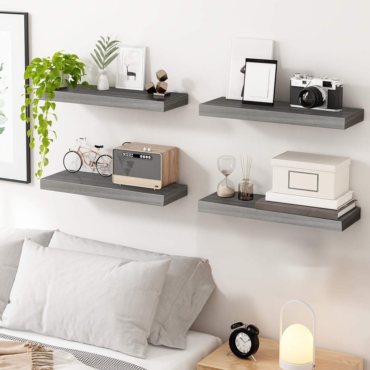 Floating Shelves with Invisible Brackets, Rustic Wood Finish Wall Storage in Gray, White or Black for Kitchen Organization, Bathroom and Bedroom Displays