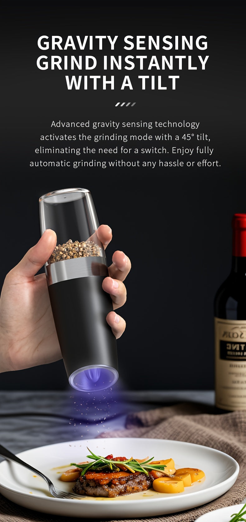 1pc/2pcs Electric Salt and Pepper Mill with Tilt Grinding, Pepper Grinder Suitable, Large Capacity ABS Mills, Adjustable Coarseness, One-Hand Operation & LED Light, Holiday Gifts for, Christmas