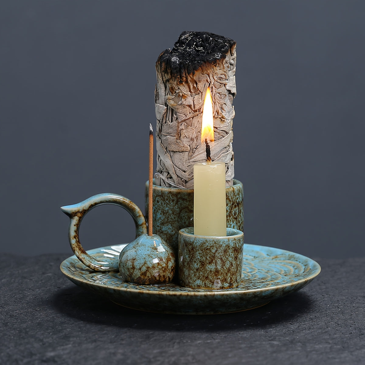 1pc Premium Ceramic Incense Burner, 4-in-1 with Handle, Suitable for Incense Sticks, Sage, Candle Holder, Perfect Ash Collection, Exquisite Home Decor Tray, Ideal for Yoga, Meditation, Housewarming, Gifts for Friends and Family