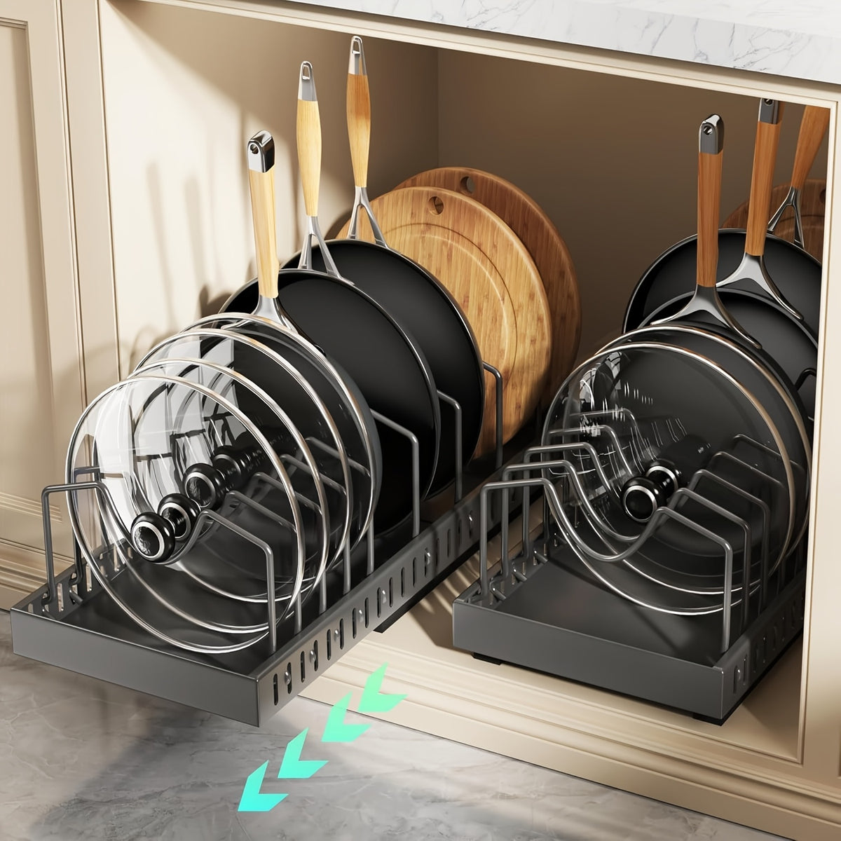 1/2pcs Pull-Out Pot And Pan Storage Box for Cabinets, Kitchen Sliding Lid Rack And Pan Holder, Cabinet Sliding Storage Box for Storing Lids, Baking Tools, And Plates, 8/16 Adjustable Dividers, Kitchen Decor And Additions Pots And Pans Organizer
