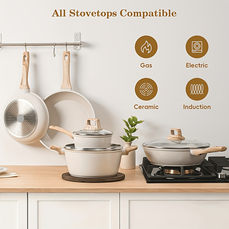 12pcs  pots and pans set, pots and pans cookware sets,Non-Stick Granite Cookware Set Complete Kit with Frying Pans, Casserole, Saucepan, Lids Compatible, Pan Protector - Heavy-Duty Durable Cookware for All Stovetops (Hindu/Induction)