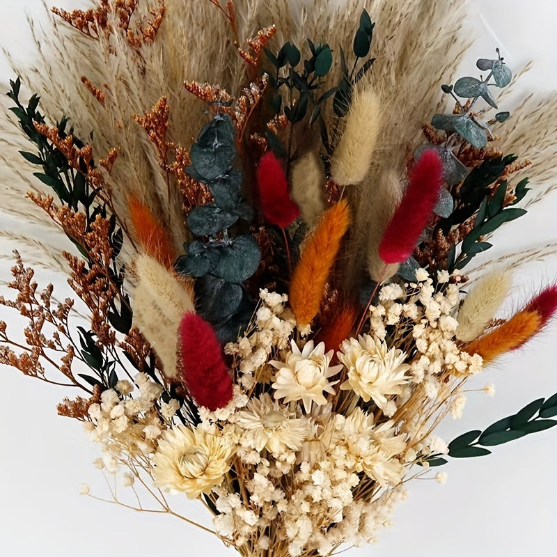 Bohemian Dried Flower Bouquet with Bama Grass, Eucalyptus & Rabbit Tail Plants - Artificial Plastic Flowers in Beige, Brown, White, Red, Green & Golden - Rustic Wedding, Bridal, Valentine'S Day, Halloween, Easter, Thanksgiving Centerpiece - No Maintenance