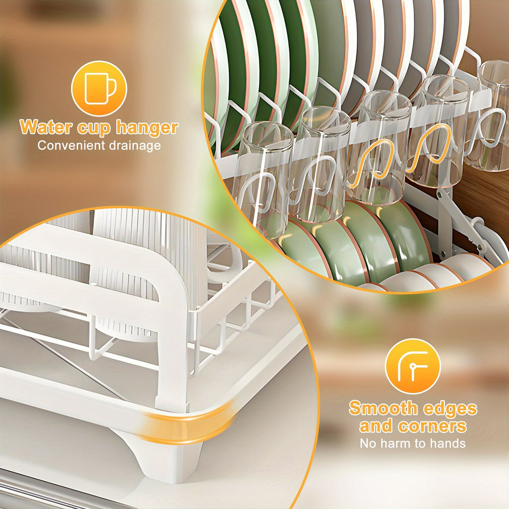 [Large Dish Drying Rack] 1pc Large 2-Tier Carbon Steel Dish Drying Rack with Drainboard, Glass & Utensil Holders, And Extra Drying Mat - Rust-Resistant Metal Dish Drainer for Kitchen Countertop, Black