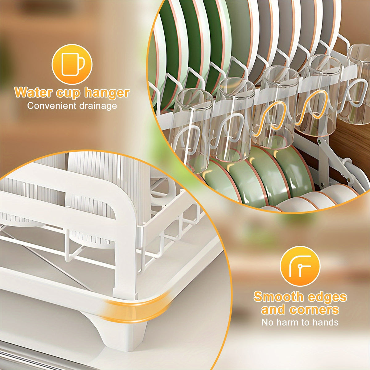 [Large Dish Drying Rack] 1pc Large 2-Tier Carbon Steel Dish Drying Rack with Drainboard, Glass & Utensil Holders, And Extra Drying Mat - Rust-Resistant Metal Dish Drainer for Kitchen Countertop, Black