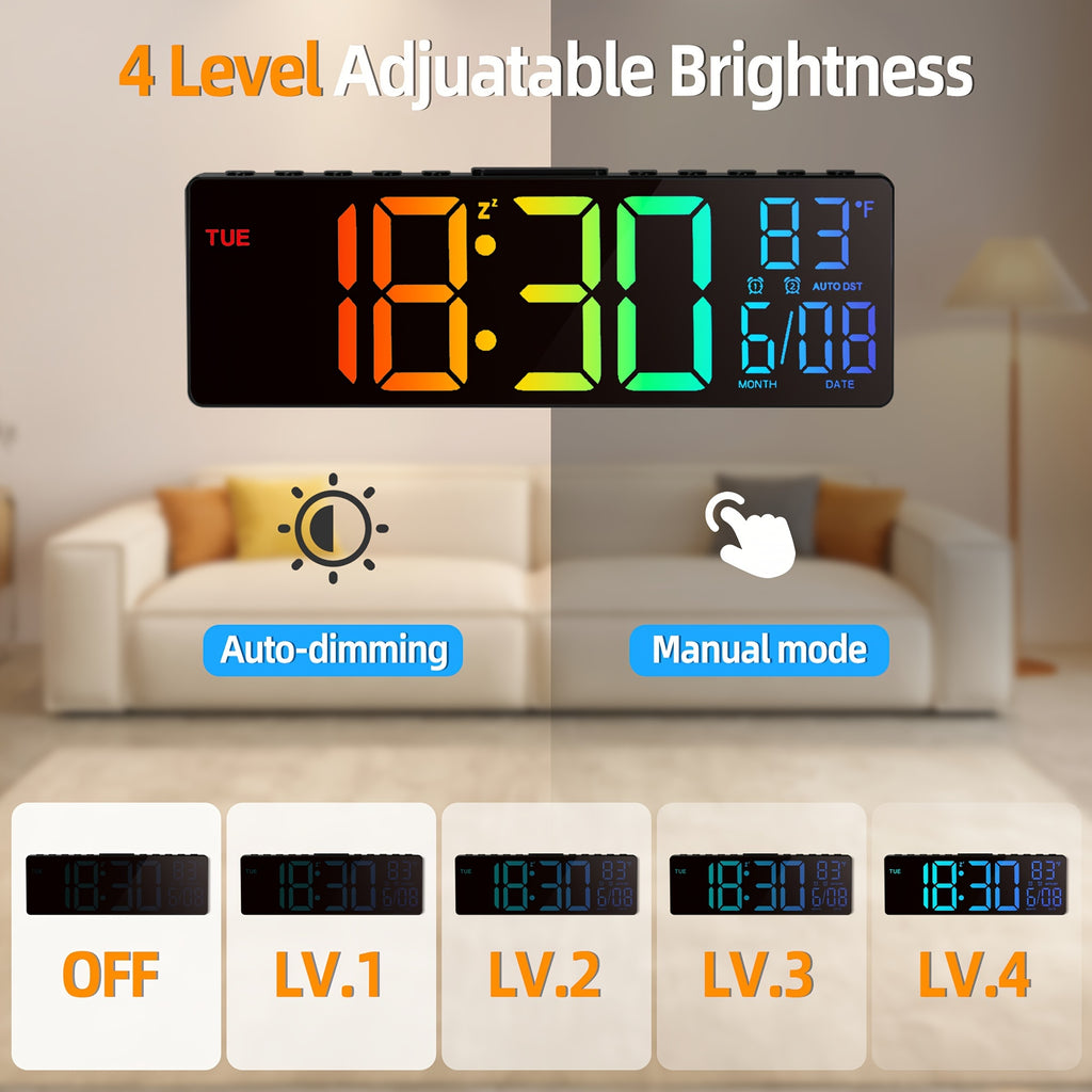 10.5 Inch Large Digital Wall Clock with Dual Alarms, Night Light, Large LED Screen Display, 8 RGB Colors, Auto DST, Temperature, Brightness Adjustment for Living Room, Bedroom, Kitchen Elderly Gift