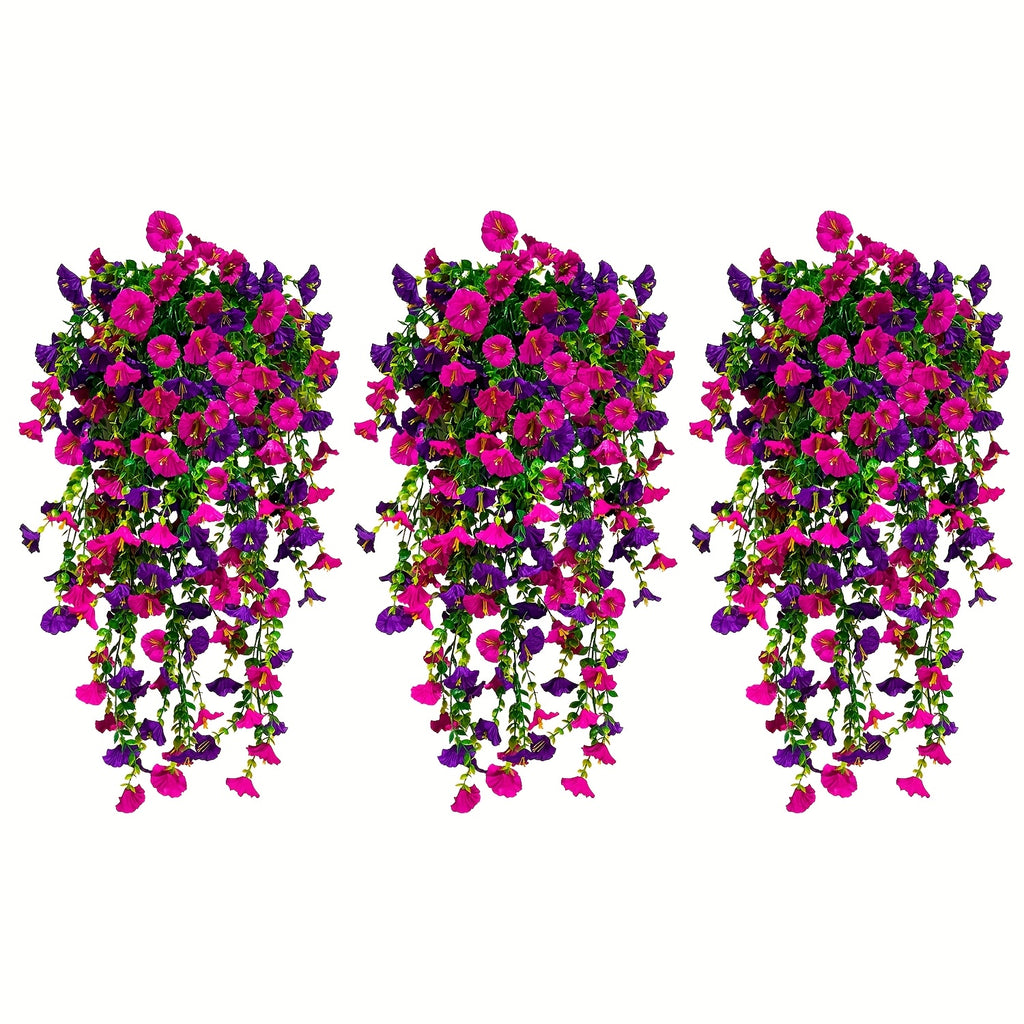 Artificial Hanging Morning Glory Flowers, 3-Piece Faux Floral Decor in Mix or Fuchsia for Porch Baskets, Garden Displays, Home and Office Styling