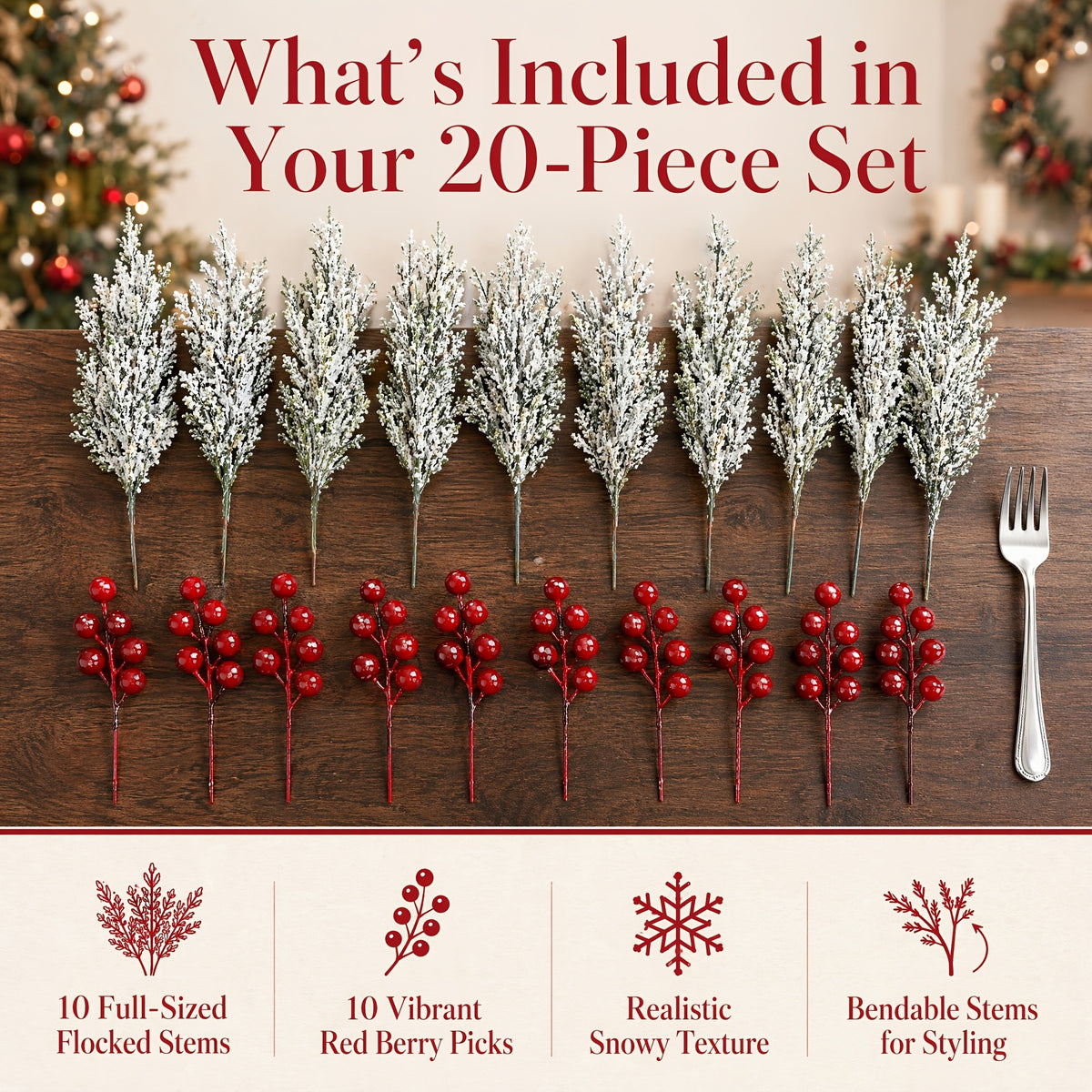 20pcs 14in Artificial Christmas Greenery Stems with Red Berries for DIY Wreaths, Xmas Tree Decor, Holiday Centerpieces, Indoor Home Decor, Christmas Vase Fillers
