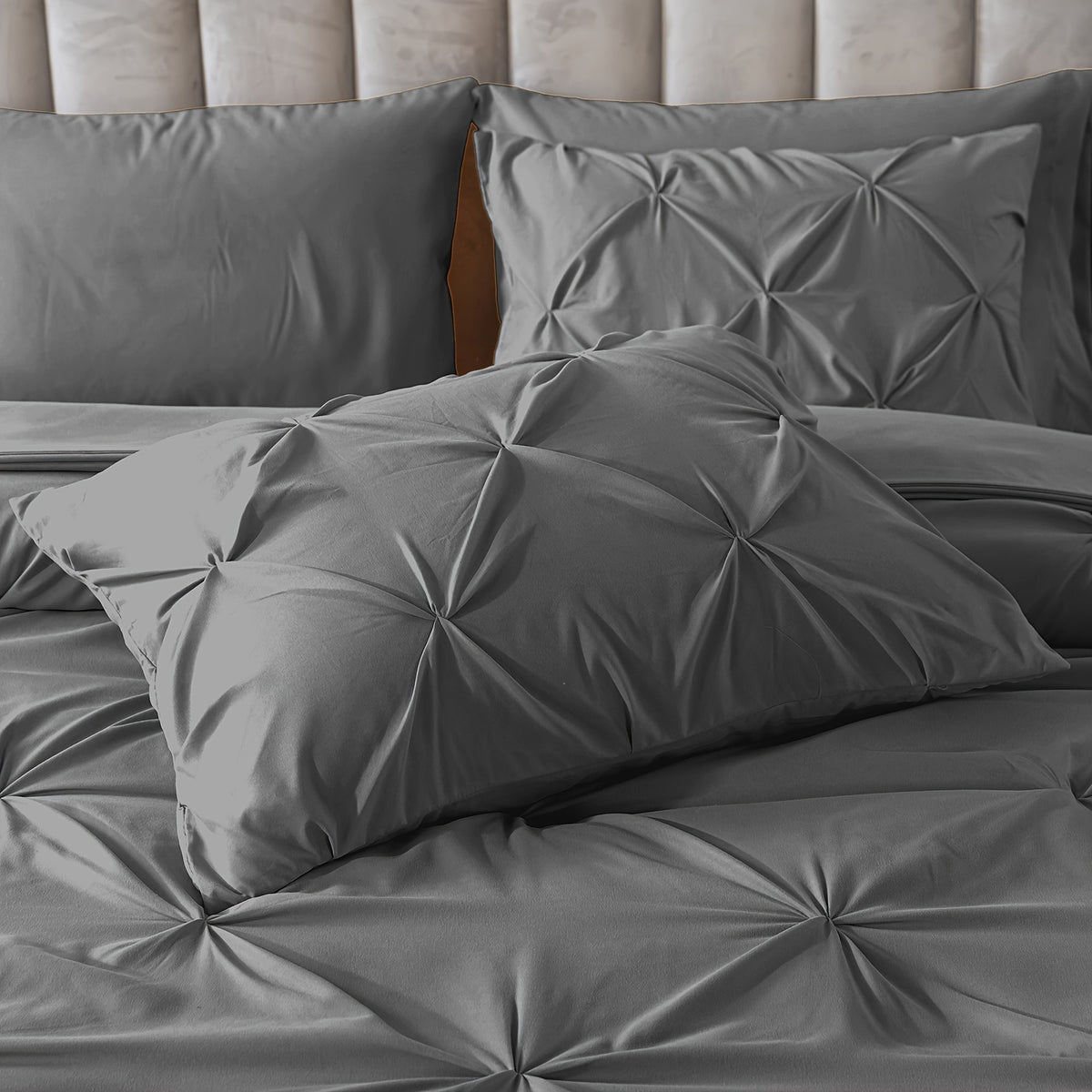 Cosybay 7 Piece Pinch Pleated Comforter Set Queen King Size, Luxury Soft Fluffy Bedding Includes 1 Comforter, 1 Extra Deep Pocket Fitted Sheet, 1 Flat Sheet, 4 Pillowcases & Pillow Covers, Perfect for Halloween Party, Holiday Celebrations & Birthday