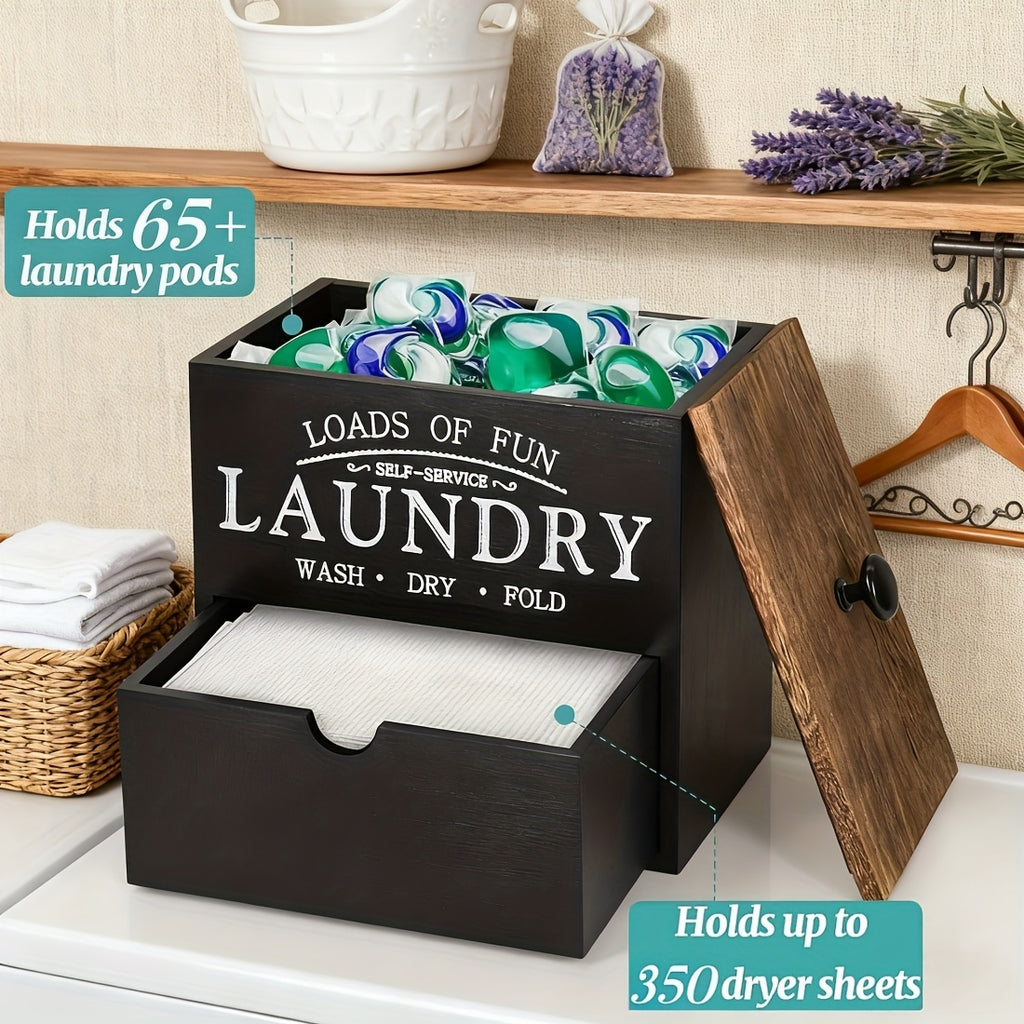 MONDRAME Farmhouse-Style Wooden Dryer Sheet Holder with Drawer And Lid - Dual Installation Options, Wall Mount Or Countertop, Laundry Pod Dispenser for Organized Storage