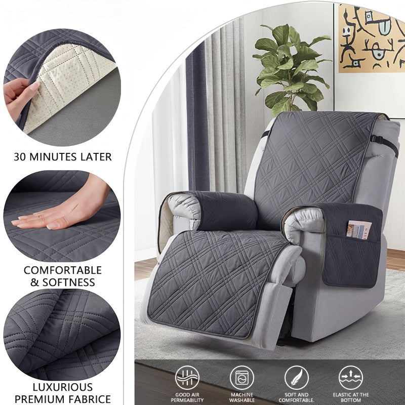 Recliner Protector Cover with Side Pocket, One-Piece Quilted Chair Cover with Elastic Band for Pet Households and Everyday Living Room Furniture Care