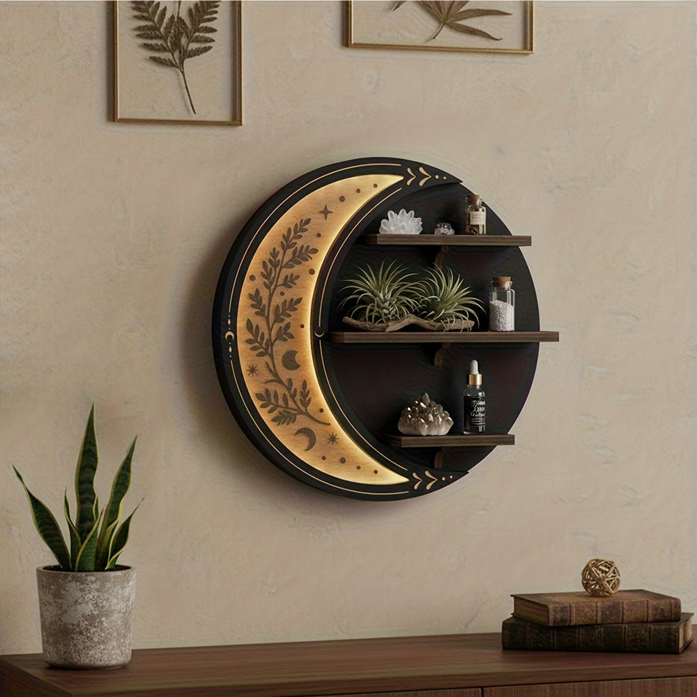 Moon Shelf Decor Cute Moon Floating Shelves with Light, Witchy Boho Room Decor Aesthetic Wall Shelf Small Display Racks Suitable for Crystal/essential Oil/collectibles, Rock Gem Stone Storage Organizer, Trinkets Holder, Unique Celestial Gift for Moon