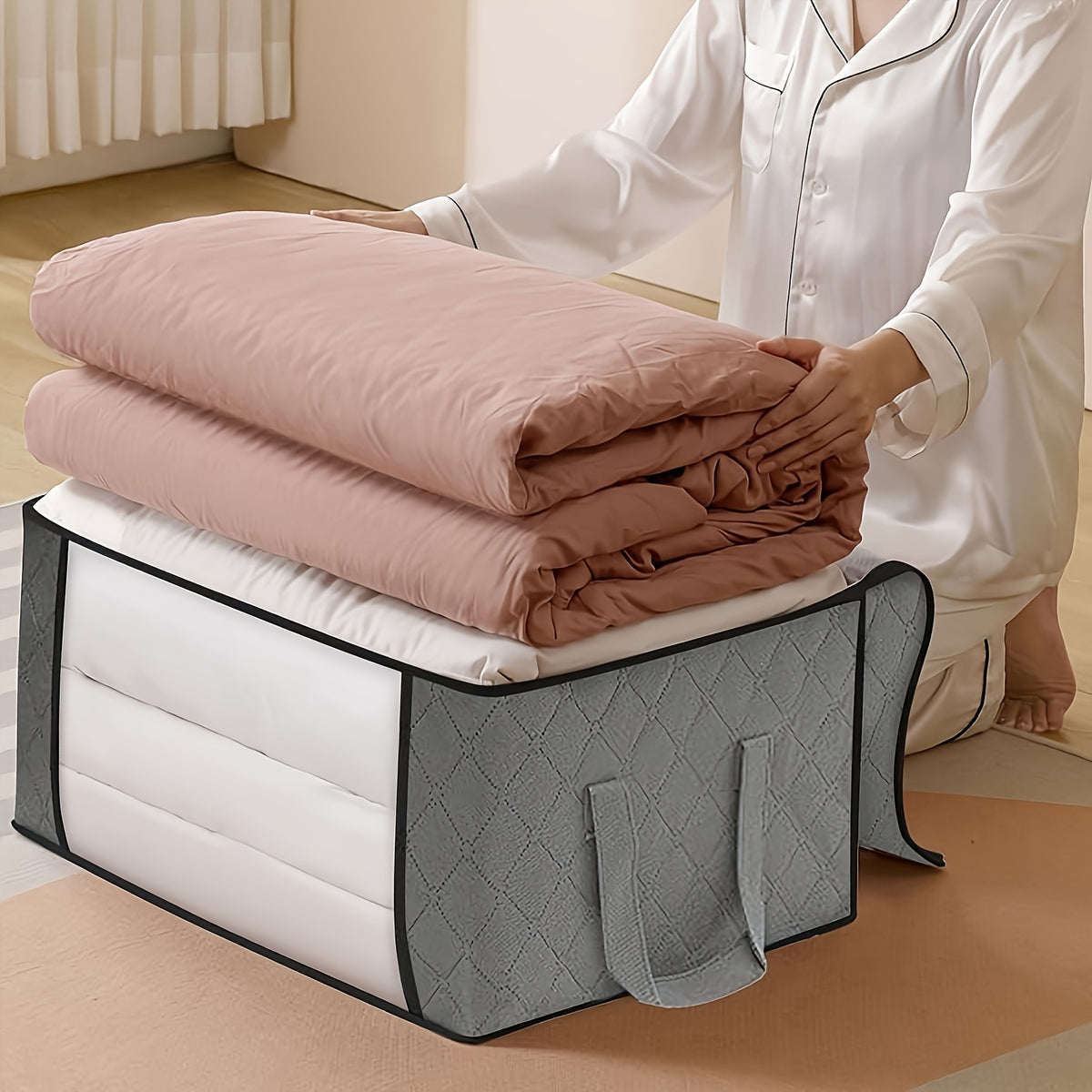 3pcs Durable Foldable Storage Bag with Reinforced Handle, Sturdy Zipper, Clear Window for Quilts, Blankets, Bed Sheets, Under-Bed Storage