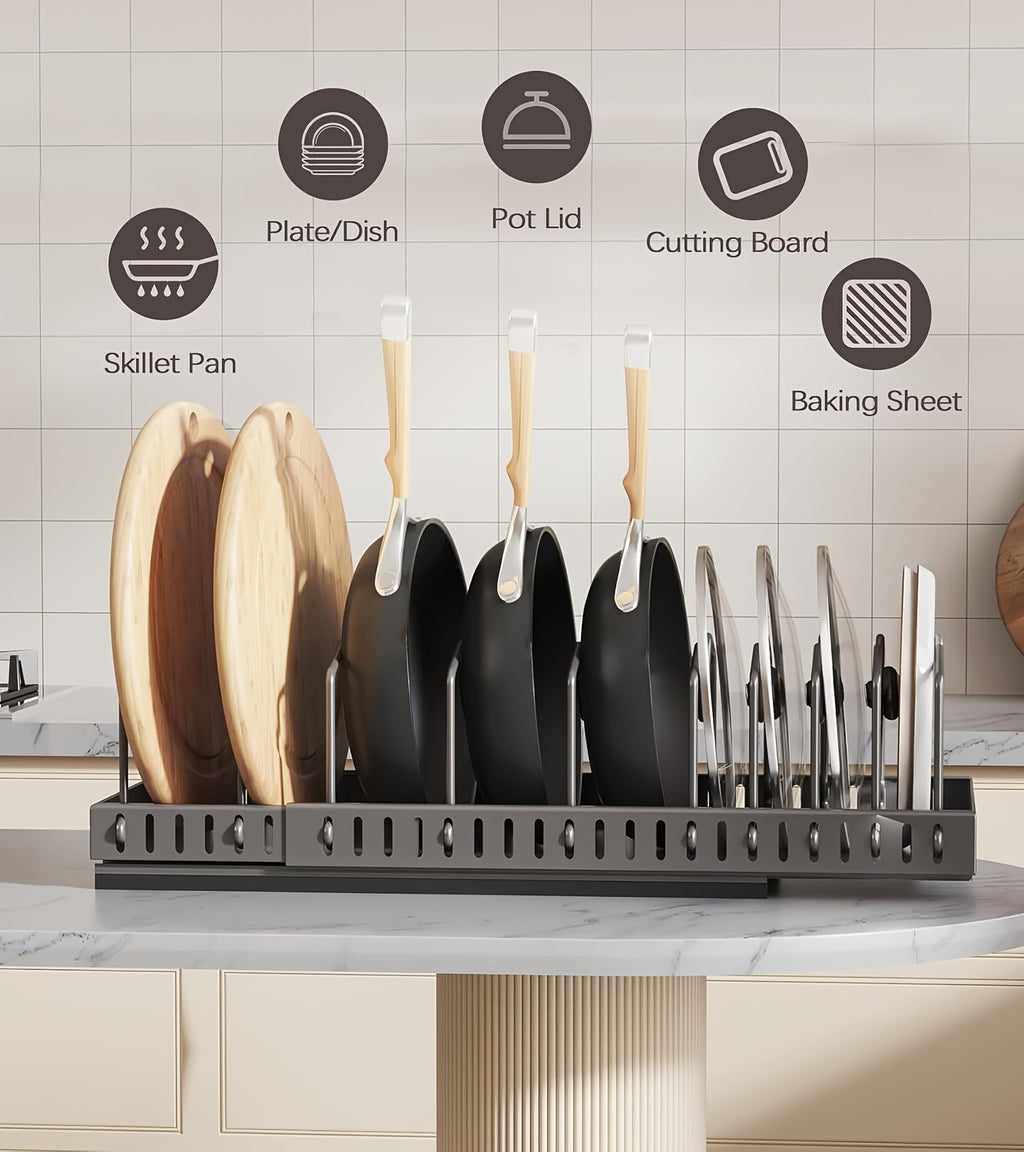 Slide-Out Cookware Organizer, Metal Cabinet Rack with Adjustable Dividers for Pots, Pan Lids, Baking Trays and Plates in Black, White or Gray, 1 or 2 Pieces
