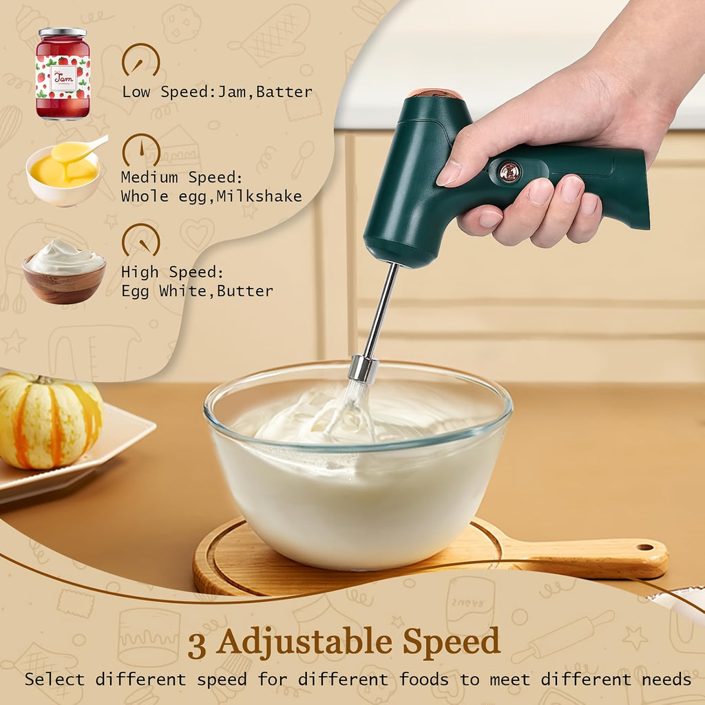 Hand Mixer | Household Cordless Electric Hand Mixer, USB Rechargeable, 304 Stainless Steel, With 2 Detachable Stir Whisks, 3 Speed Modes for Kitchen Baking