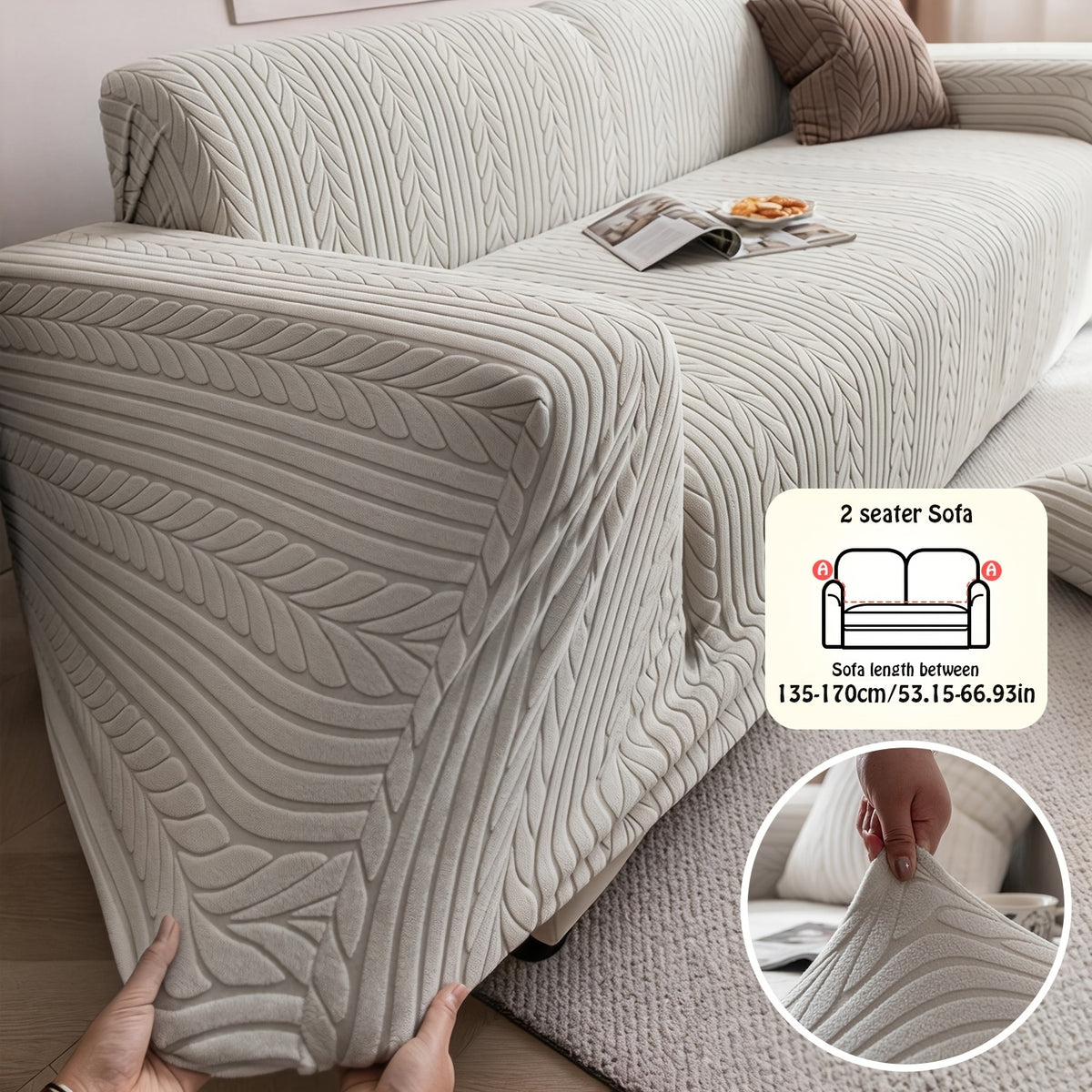 1pc Striped Sofa Cover - Washable, Stretchable, Scratch-Resistant & Non-Slip All-Season Sofa Protector, Fits 1-4 Seater Sofas, White Textured Fabric with Sawtooth Pattern, Perfect for Living Room Decor & Furniture Protection | Durable Protection