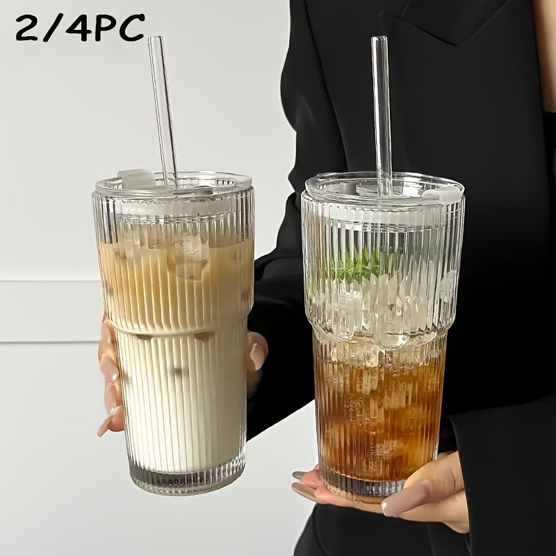 2/4pcs Vintage Striped Glasses, Glasses With Glass Straws, 19 Oz Coffee Mugs, Thickened High Borosilicate Material Glasses, Perfect For Iced Coffee, Juice, Drinks, Family And Parties