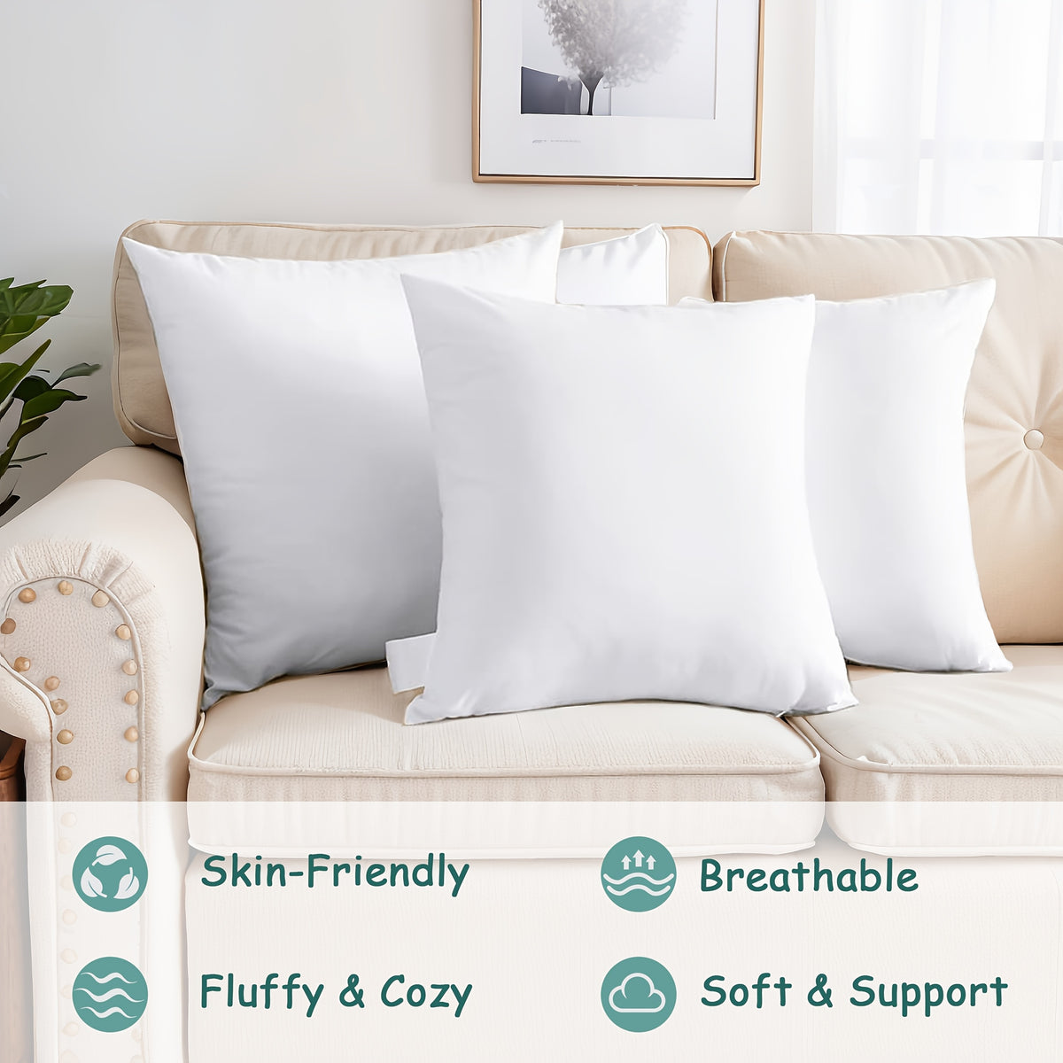 1/4pcs Soft And Fluffy White Square Filling, Insert for Placing Pillows, Hypoallergenic 100% Fiber Pillow Core, Washable, Suitable for Living Room, Bedroom, Sofa, Office, Home Decoration, Room Decoration, Outdoor Terrace Decoration; Christmas Gifts