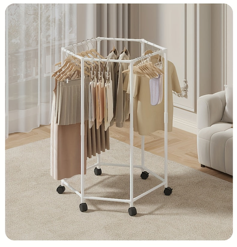 Hexagonal Rotary Clothes Rack, Self-Standing Vertical Clothing Hanging Rack, Suitable for Laundry And Household Storage Space Saving (Black/White), Easy Storage Device, Durable Structure, High-Quality Materials, Small Apartment Living, Convenient