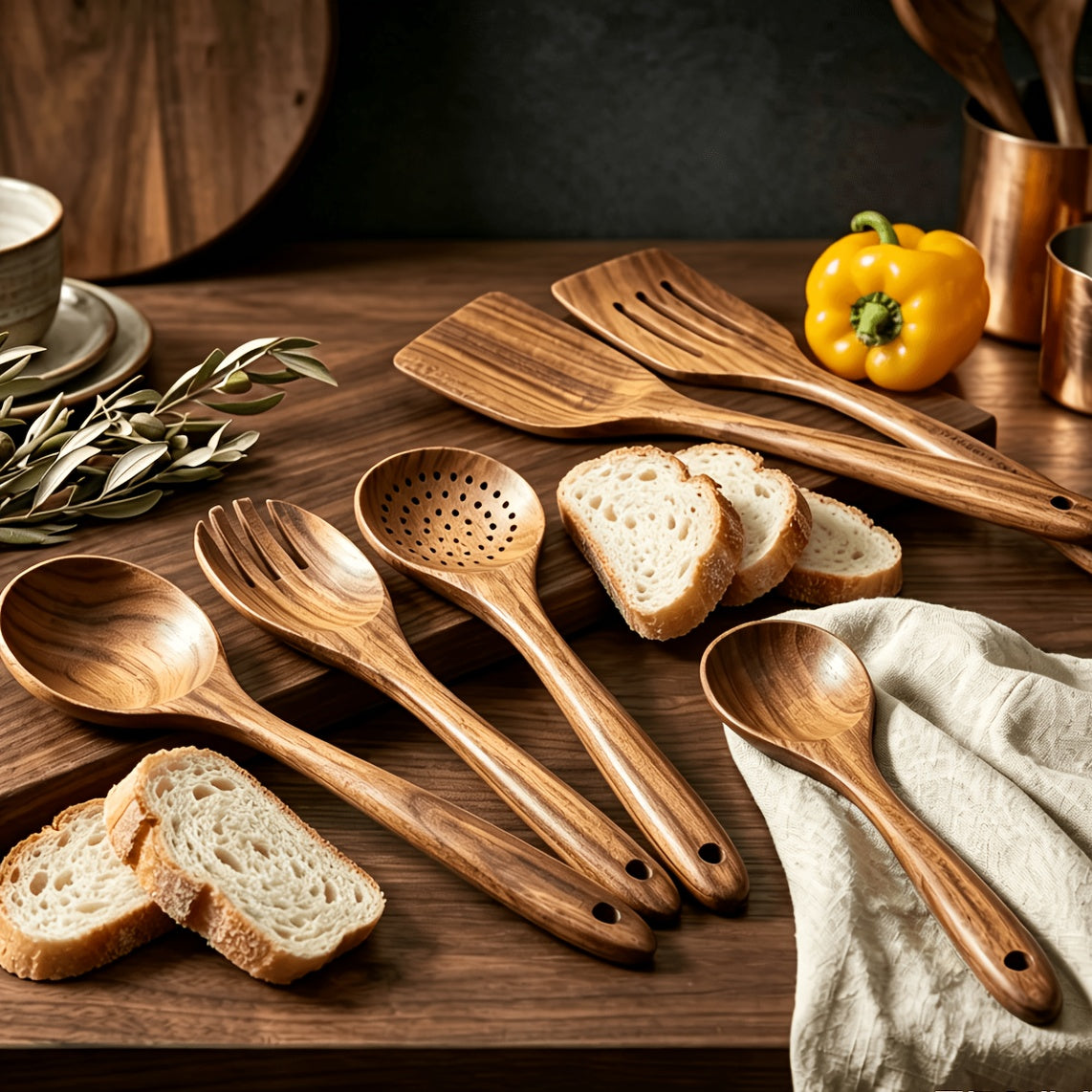 10pcs Non Stick Cookware Set, Wooden Kitchen Utensils, Heat-resistant, Including Shovel And Perforated Wooden Spoon. It Is A Stylish And Durable Wooden Multifunctional Set Suitable For Kitchen, Cooking, Baking, As Well As Casual And Formal.900g