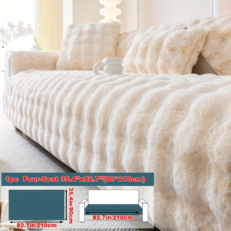 1pc Faux Rabbit Plush Sofa Cover, Winter Warm Thickened Plush Soft Sofa Cover, Pet Favorite, Dog Friendly Sofa Cover, Cushion Protection Cover, Anti Slip Sofa Furniture Protection Cover, Bedroom, Office, And Living Room Decoration Local Warehouse