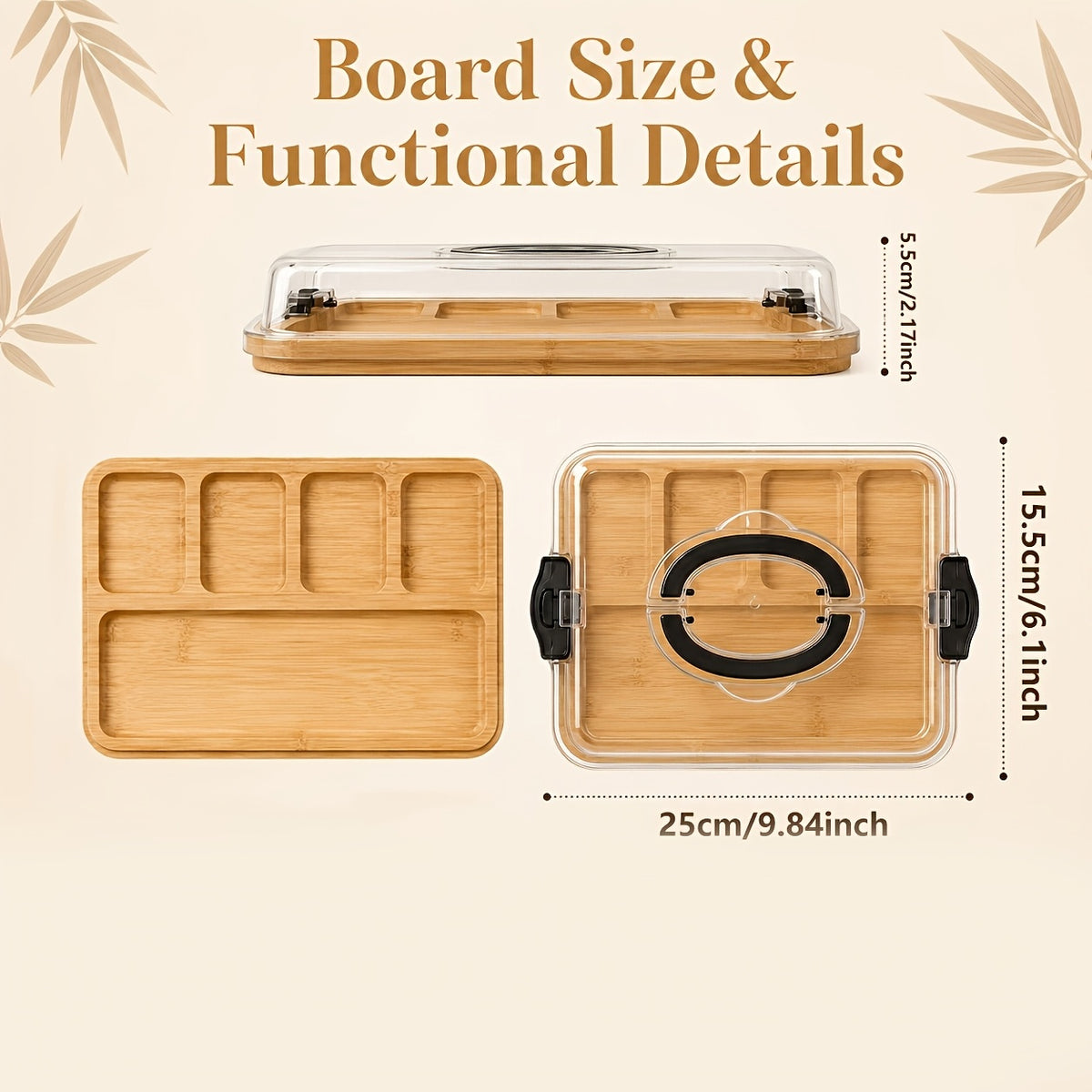 Cutting Board Charcuterie Tray with Clear Lid, 5-Compartment Bamboo Serving Board with Handle And Side Locks, Reusable Snack Platter for Cheese, Fruit, Crackers, Appetizers, Party, Picnic, Kitchen, Holiday Gathering
