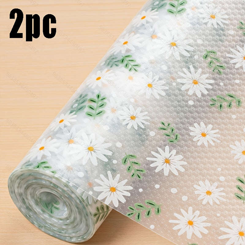2 Roll Daisy Pattern Non-Slip Cabinet Liners - Heavy Duty PVC Drawer, Fridge & Tabletop Mats with White Daisies & Yellow Centers, Easy Clean Anti-Slip Kitchen Storage Accessories, Cheerful Home Accents, Easyclean Surface, Practical Homemakers
