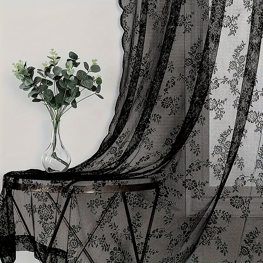 Lace Door Curtain Panel with Floral Pattern and Wave Edge, Single Semi-Sheer Polyester Rod Pocket Drape in White Black or Green for Vintage Home Decor