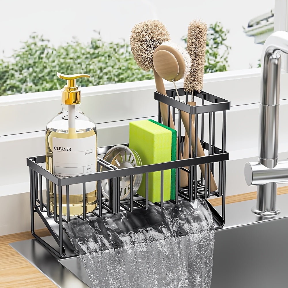 1pc Sponge Holder For Kitchen Sink With Drain Design And Dishcloth Rack, 304 Stainless Steel Sink Rack With Tall Brush Holder, Kitchen Sink Storage Box For Countertop, Soap Dispenser, Kitchen Organizer, And Essential Storage Accessories.