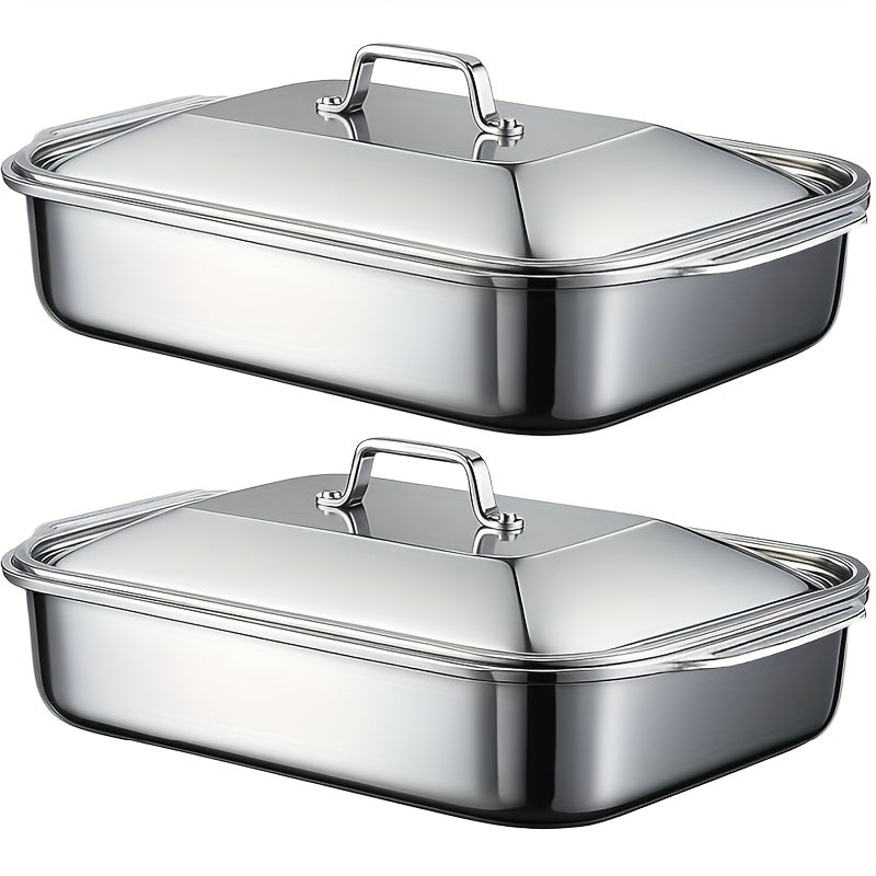 2/4/6/8pcs Extra Large Heavy Duty Stainless Steel Baking Pans with Lids - Non-Stick, Thick Rectangular Oven Trays for Desserts, Bread, And Seafood - Perfect for Bbqs, Buffet Serving Trays