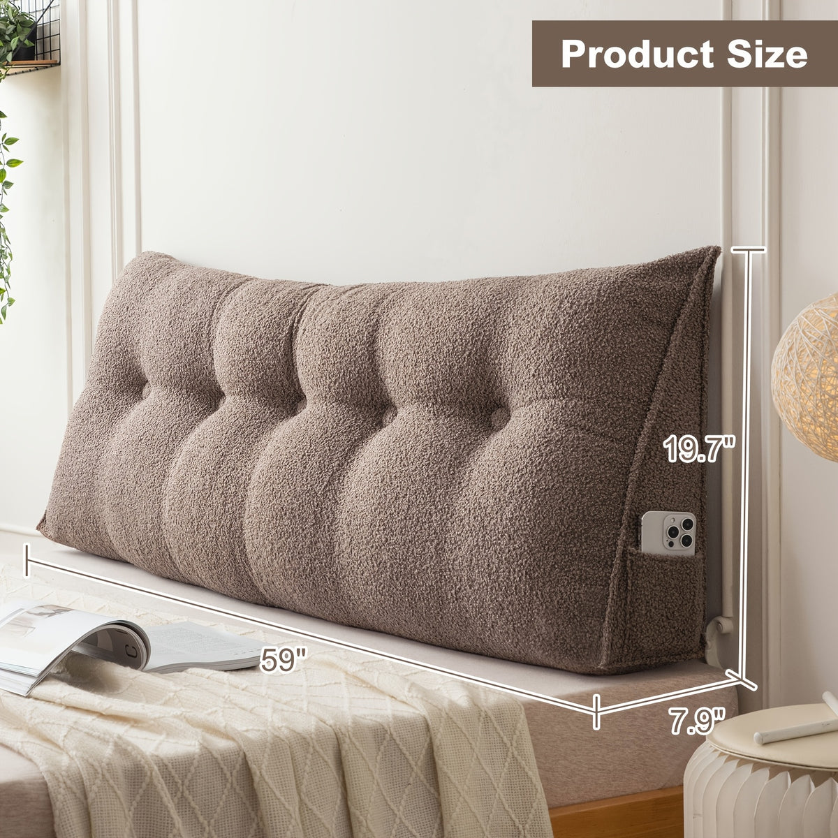 Headboard Reading Pillow, Triangular Teddy Velvet Backrest Cushion with Side Pocket and Removable Washable Cover for Twin, Queen and King Beds