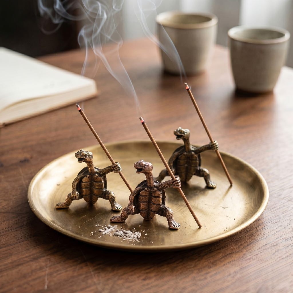 2pcs Brass Turtle Incense Holder - Kung Fu Style, Creative Home Decor Craft, Meditation Holder Brass Turtle And Red Copper Turtle