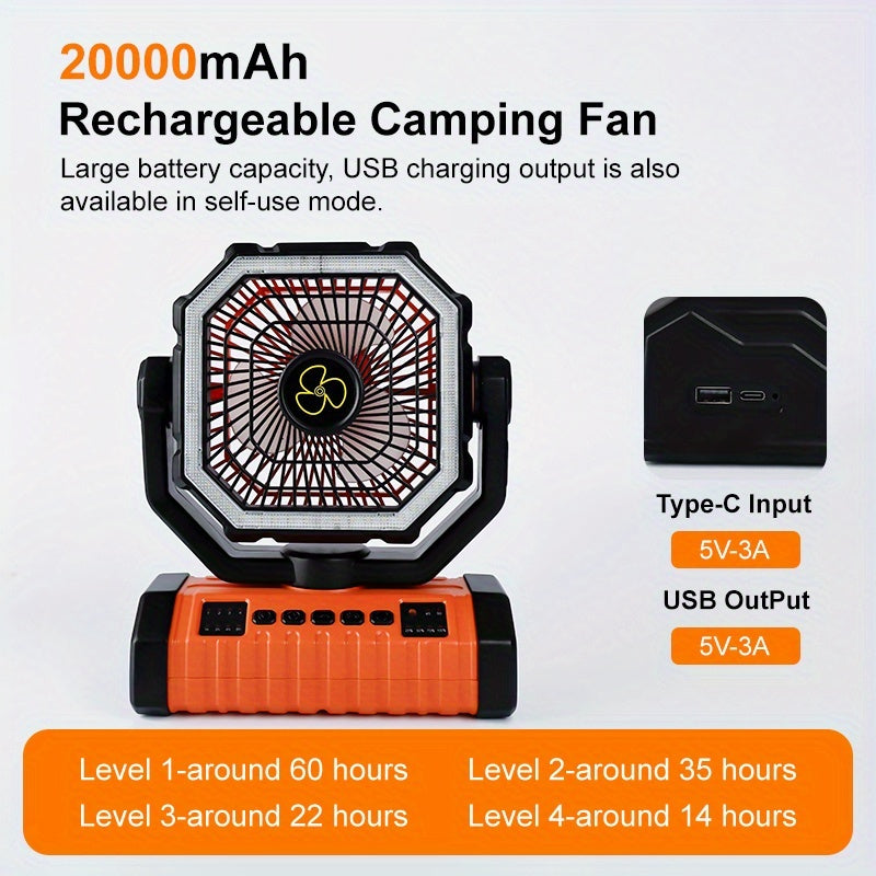 20000Mah Portable LED Camping Fan with Built-In Light, Rechargeable Fan, USB Rechargeable Outdoor Fan for Tents, Hiking, Fishing - Rugged Compact Design, Green And Orange, Hiking Essentials, Sturdy Handle Feature, Camping Additions