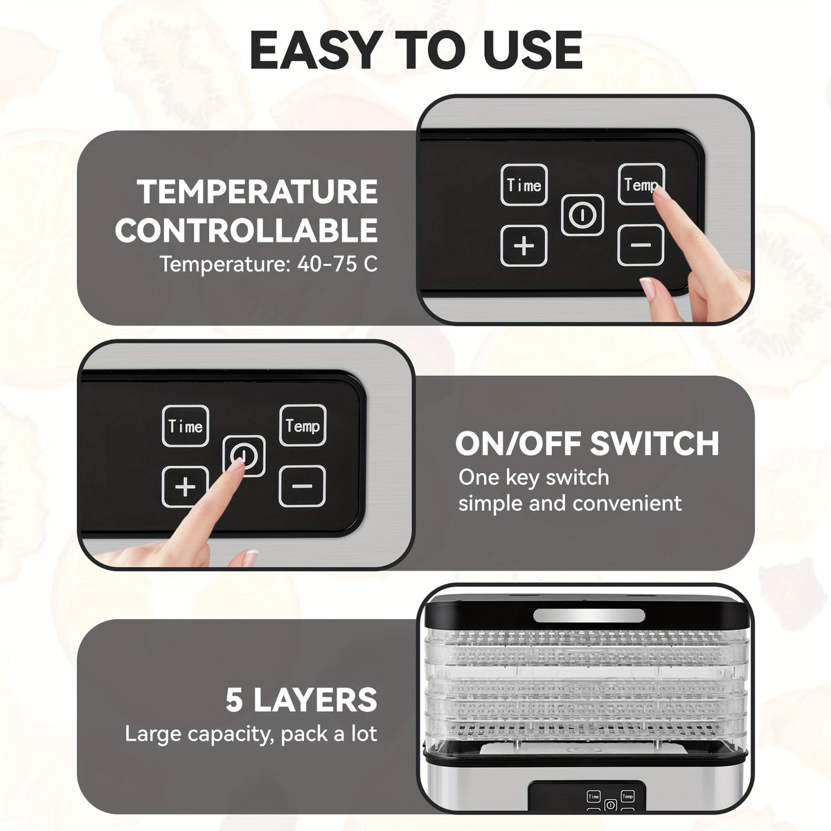 5-Tray Food Dehydrator Machine with Digital Thermostat & Timer, Stainless Suitable for Jerky, Fruits, Herbs, Veggies, Yogurt, Pet Treats - Trays, Energy-Saving, Ultra-Quiet Operation for Home Kitchen, RV, Camping, Gifts