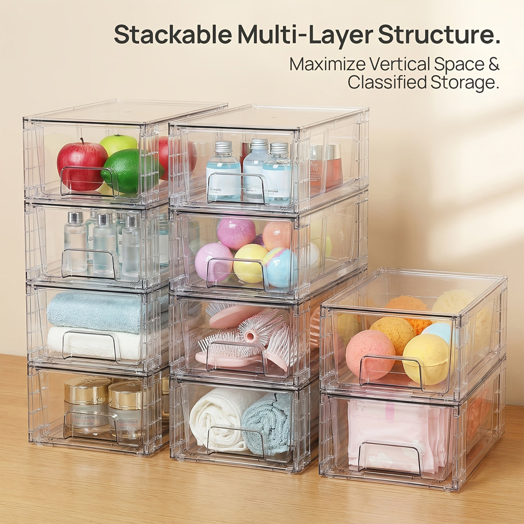4/6/8/10 Pack Clear Acrylic Food Storage Drawers With Handles | Stackable Refrigerator & Pantry Organizer Bins For Snacks, Fruits, Vegetables | Fridge, Kitchen Cabinet, Undersink, Bathroom Organization