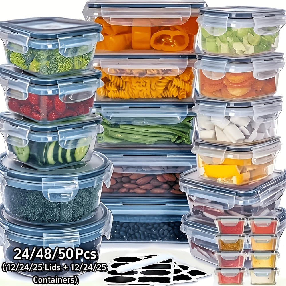 24/48/50pcs Includes 12/24/25 Containers, 12/24/25 LidsDeluxe Food Storage Container Set, High Quality - Airtight Seal, BPA-Free, Easy-Snap Lids, Stackable, Microwave Safe -, Free Labels and Kitchen Storage Marker, Perfect for Travel and Outdoor