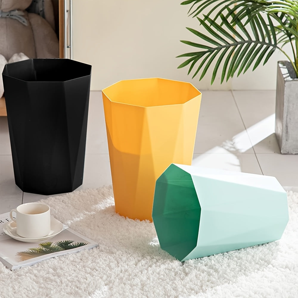 Octagonal Trash Bins 2 Pack, Small Open-Top Plastic Wastebaskets in Six Colors with Nordic Geometric Design for Bathroom, Bedroom, Kitchen and Home Office