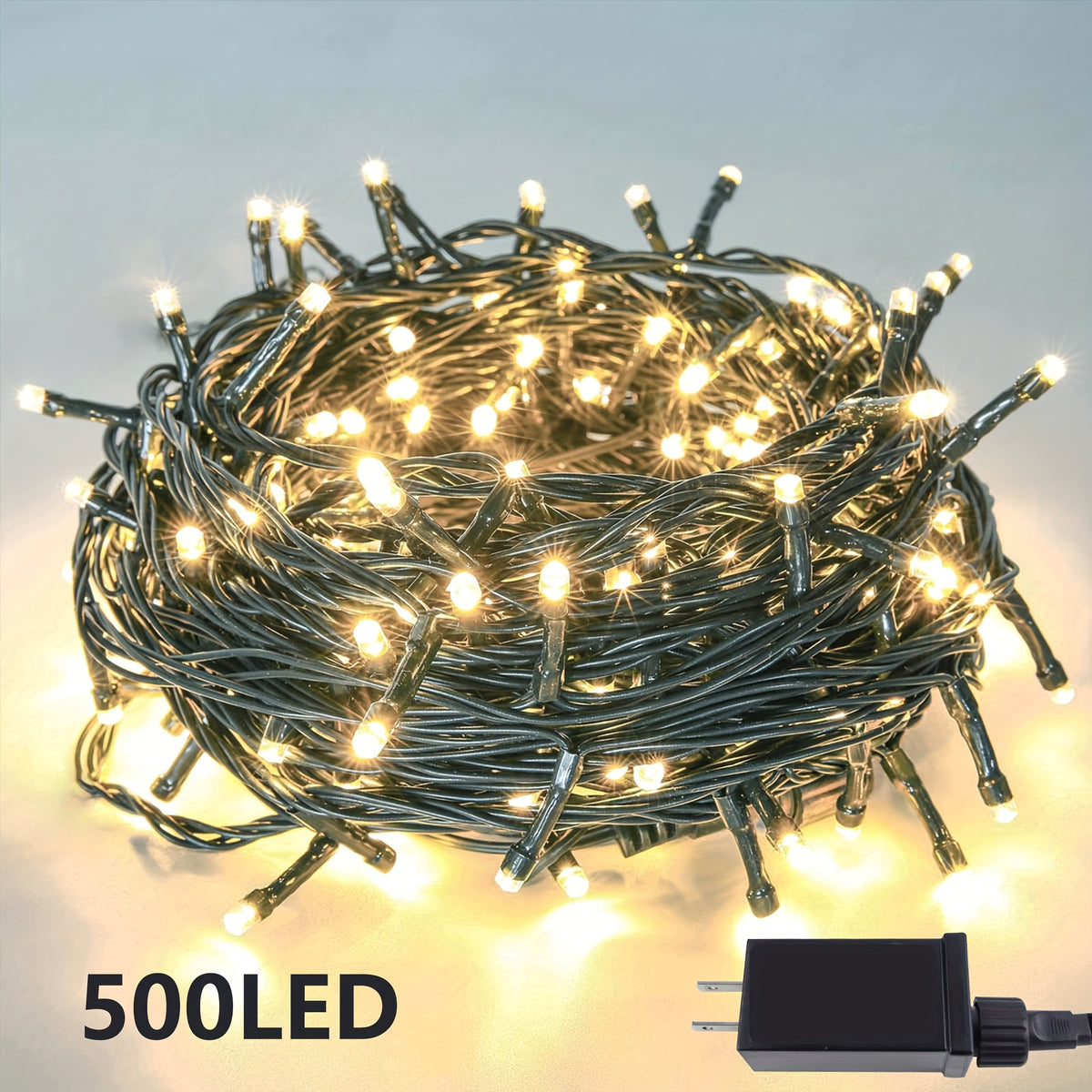 Outdoor And Indoor LED Christmas Lights in Multi-Color Options, Available in 100, 200, 300, And 500 Counts. Features a Green Wire, Memory Function, Timer, And 8 Modes. These Super Bright Lights Are IP44, Perfect for Holiday Parties, Gardens