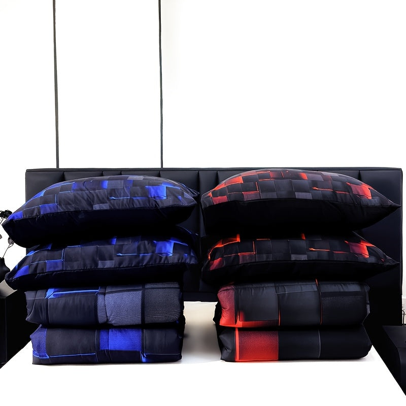 2D Flat Tog 4 3pcs Super Soft Fashion Sense Of Technology Grid Thickening Quilt Set (1 Comforter +2 Pillowcases Without Pillow Core), Contains Padding 180Gsm Quilting Soft Ventilate Digital Printing Bedroom Dormitory At Home Perfect Halloween Gift