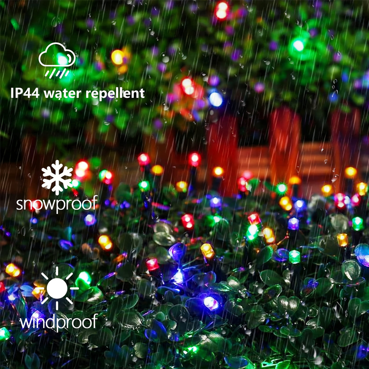 Outdoor And Indoor LED Christmas Lights in Multi-Color Options, Available in 100, 200, 300, And 500 Counts. Features a Green Wire, Memory Function, Timer, And 8 Modes. These Super Bright Lights Are IP44, Perfect for Holiday Parties, Gardens
