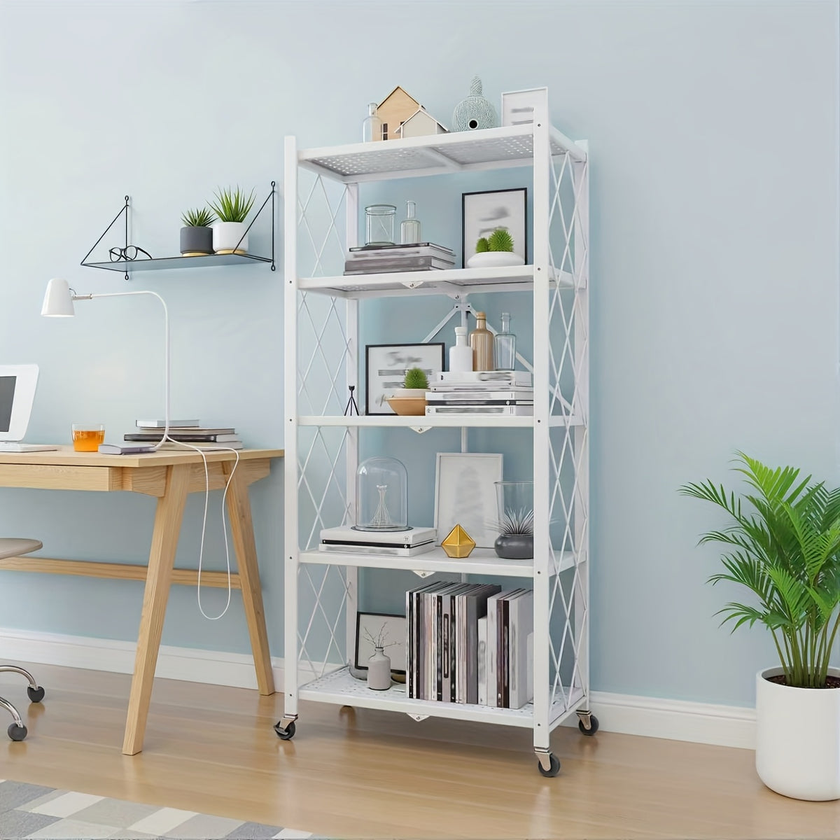 3/4/5-Tier Portable Multifunctional Storage Rack, Floor-Standing Storage Rack with Lockable Wheels, Space-Saving, No Assembly, Foldable Storage Shelf with Durable Carbon Steel Frame for Bedroom, Balcony, Garden, Standing Shelf
