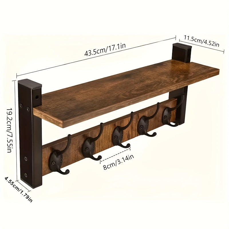 Wooden Wall-Mounted Shelf - Coat And Key Organizer with Floating Shelf And 5 Hooks, Key Rack for Bedroom And Entryway Storage, Towel Organizer for Bathroom, Suitable for Kitchen, Living Room, Bedroom, Bathroom