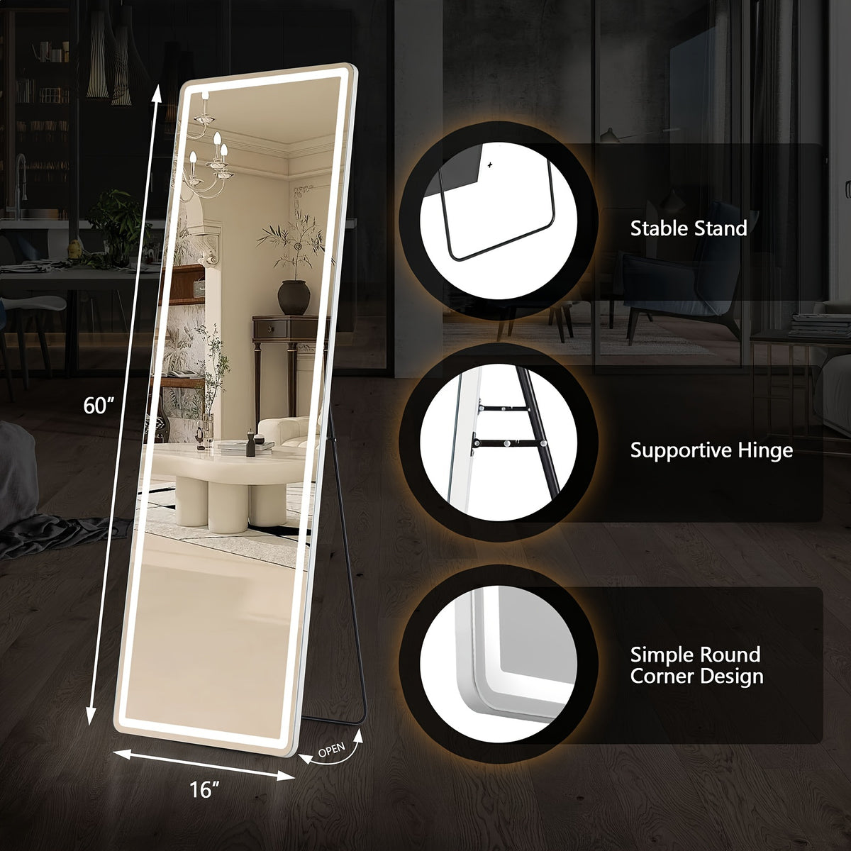 SMUG 64 X 21 Inch Mirror Full Length Standing Mirror with LED Lights, Lighted Floor Mirror with Stand, W/Dimming And 3 Color Lighting, Wall Mirror Full Length Aluminum Alloy Thin Frame