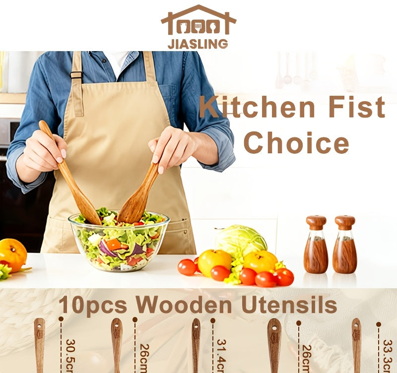 10pcs Wooden Spoons for Cooking, Natural Teak Wooden Kitchen Utensils Set Non-Stick Kitchen Pan Toolset Wooden Utensils for Cooking Wooden Cooking Utensils Wooden Spatulas for Cooking