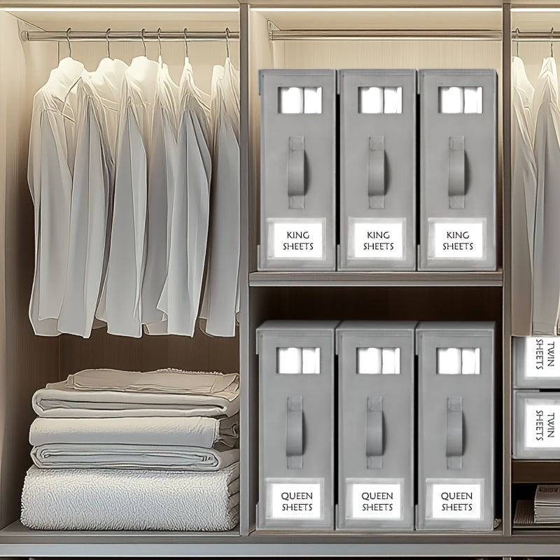 Bed Sheet Organizer Boxes, 4-Pack Foldable Linen Storage with Clear Windows and Labels in Oxford or Nonwoven Fabric for Closet Shelves and Bedding